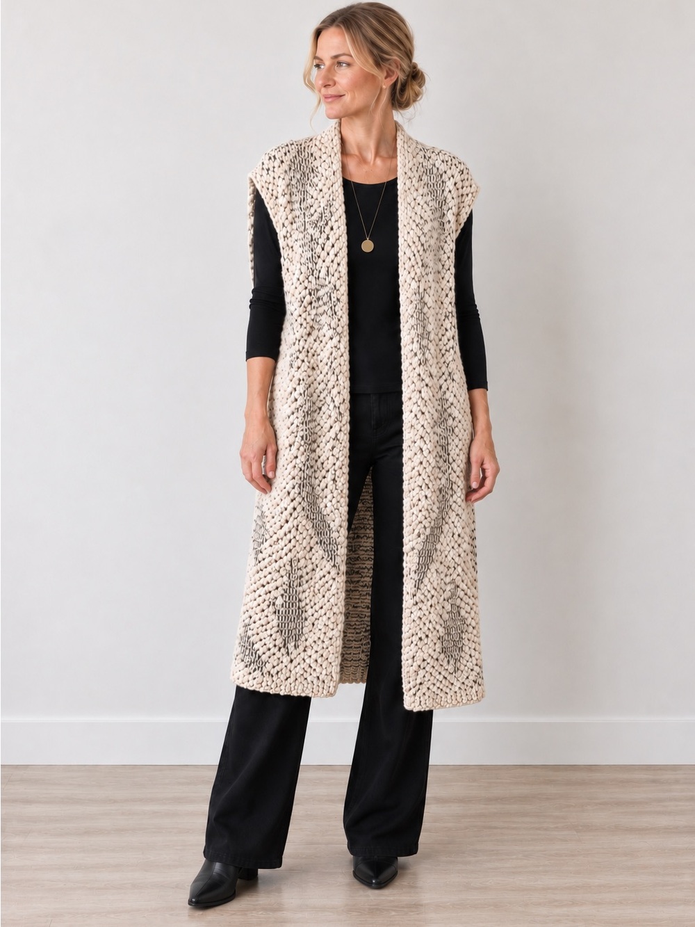 NIC+ZOE XL Longline Textured Nubby Knit Vest Cardigan Cream Charcoal Black